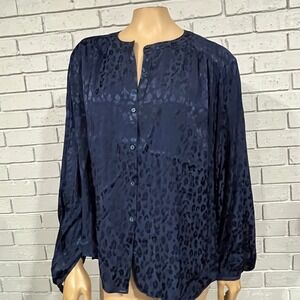 ON 34TH Womens Navy Blue Leopard Print Long Sleeve Button Up Blouse 2X
